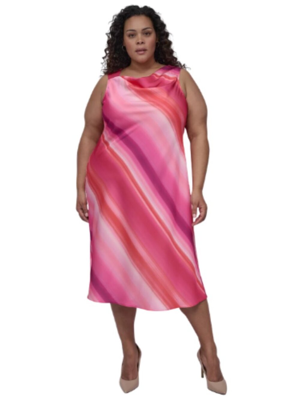DKNY Donna Karen New York Satin Pink Cowl Neck Midi Dress Cocktails Event